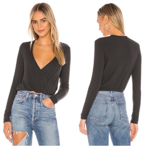 Spiritual Gangster Tops - Spiritual Gangster Wrap Ribbed Long Sleeve Top Black Large